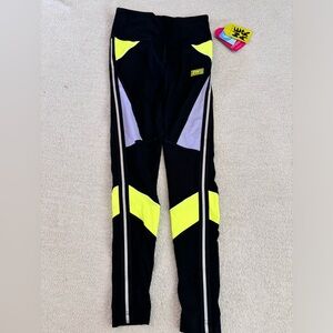 Size XS Zumba Hogh-waisted black leggings with yellow and purple designs.